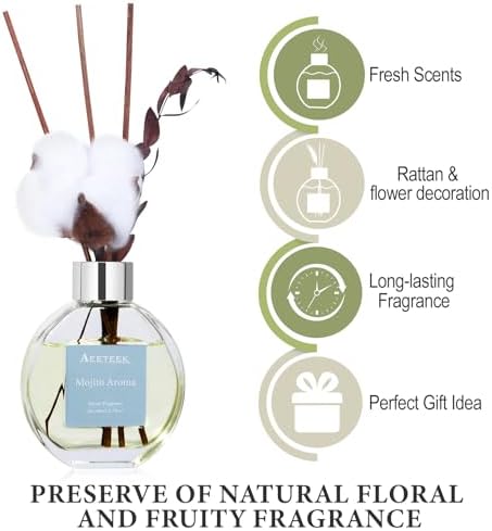 Mojito Aroma Reed Diffuser Set with 4 Sticks and Dry Flowers