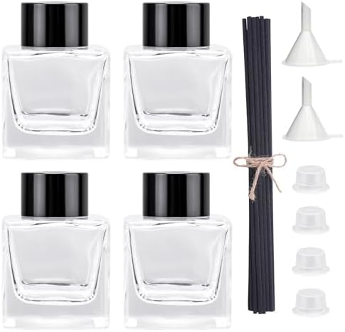 4PCS Refillable Fragrance Glass Diffuser Bottles with Reeds Stopper Funnel and 50ML Capacity