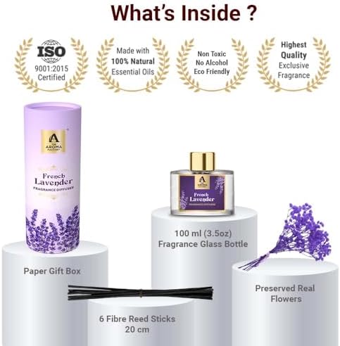 French Lavender Reed Diffuser Set with Natural Essential Oil and Real Preserved Flowers