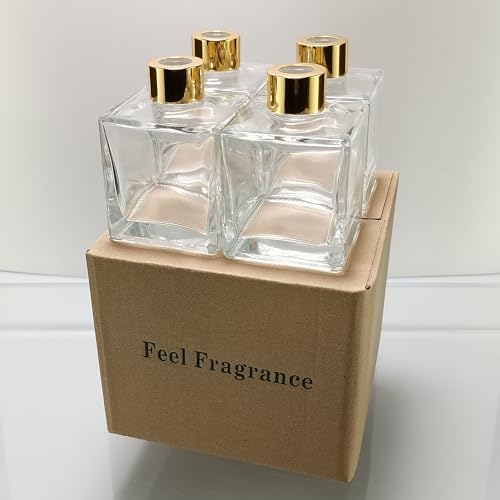 Square Glass Diffuser Bottles with Gold Caps Set of 4 1