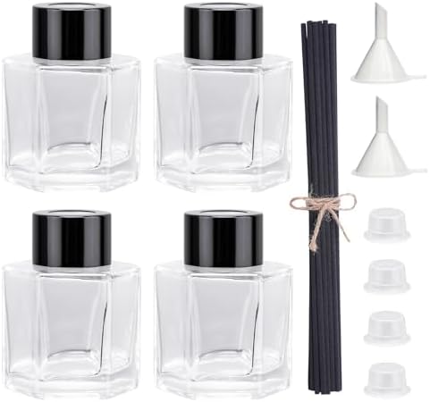 4PCS Clear Glass Diffuser Bottles with Black Caps and Sticks Set