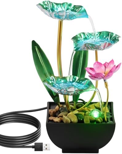 Water Lily Style Tabletop Fountain with USB Charging and Light