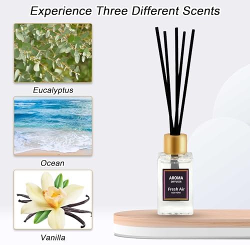 Pierides 3-Scent Reed Diffuser Set with Vanilla Eucalyptus and Ocean Scented Oil