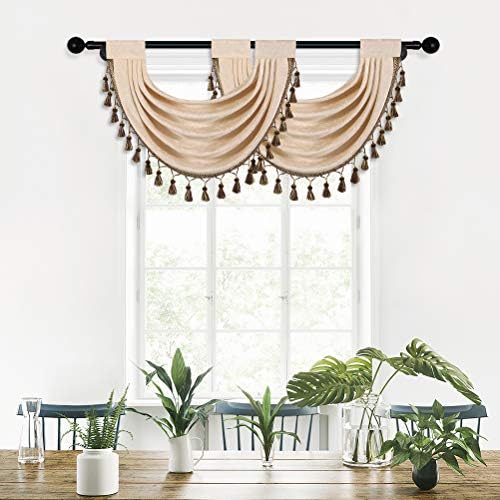 ELKCA Beige Thick Chenille Waterfall Swag Valance for Living Room and Kitchen