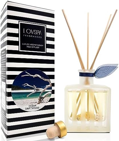 LOVSPA Ocean Driftwood Reed Diffuser Set 5 Oils Modern Striped Glass Bottle USA Made