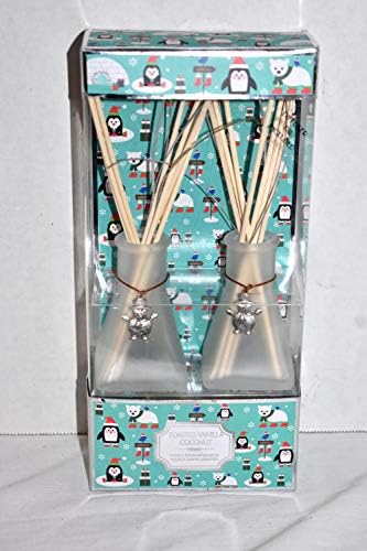 25 Home Decor 2pc Frosted White Glass Bottles with Snowman Charms and Toaster Vanilla Coconut Scent Reed Diffusers