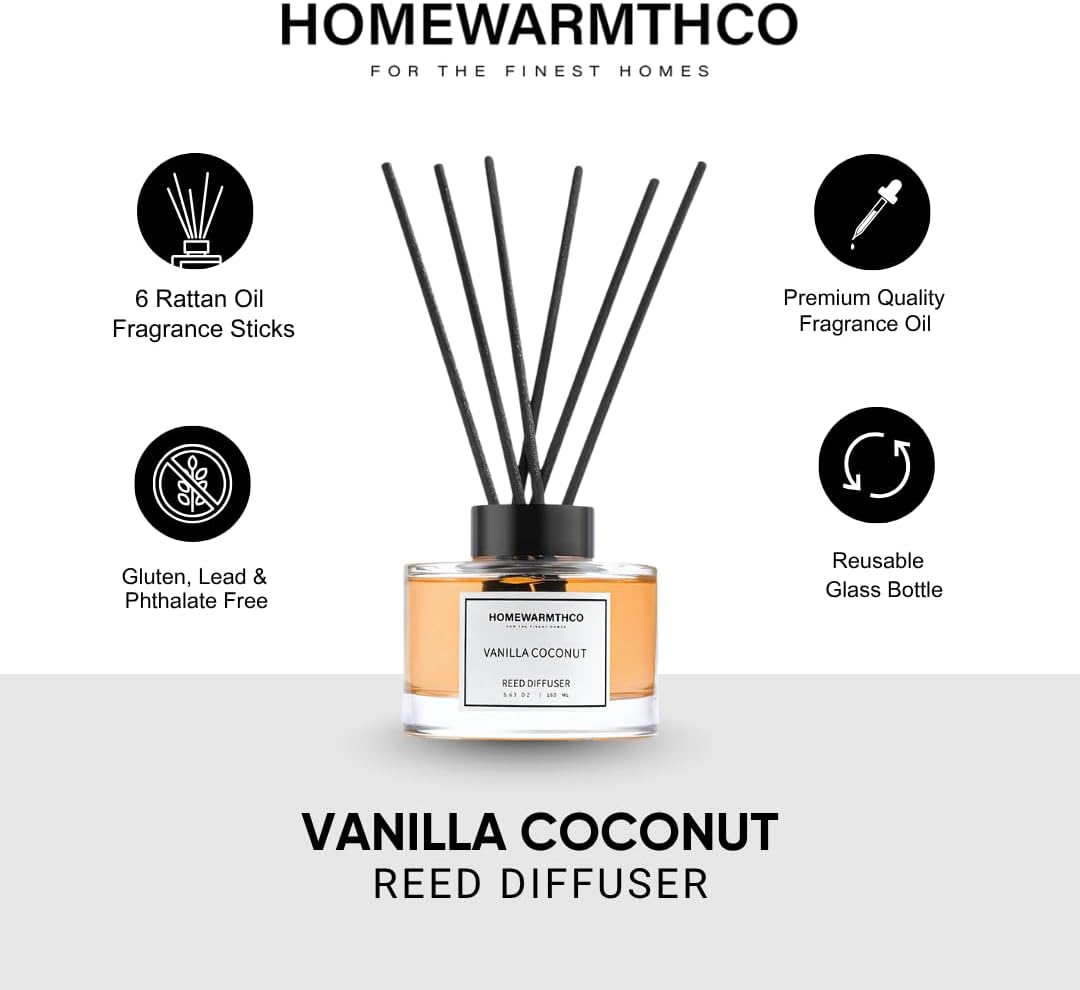 Vanilla Coconut Reed Diffuser Set - 160ml Long Lasting Scented Oil Diffusers
