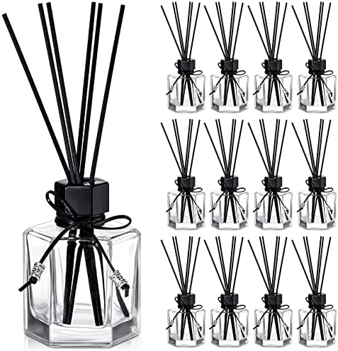 12 Pack Black Rattan Reed Diffuser Set with Caps and Bottles