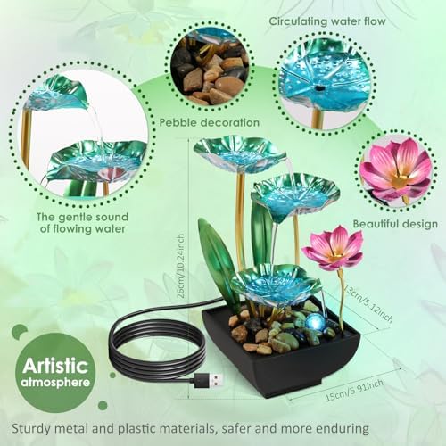 Water Lily Style Tabletop Fountain with USB Charging and Light
