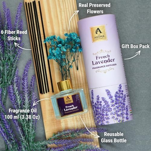 French Lavender Reed Diffuser Set with Natural Essential Oil and Real Preserved Flowers