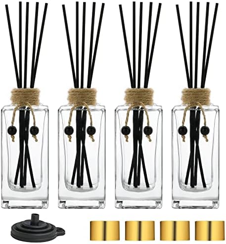 Glass Reed Diffuser Set of 4 - 5oz Clear Bottles with Caps and Reeds