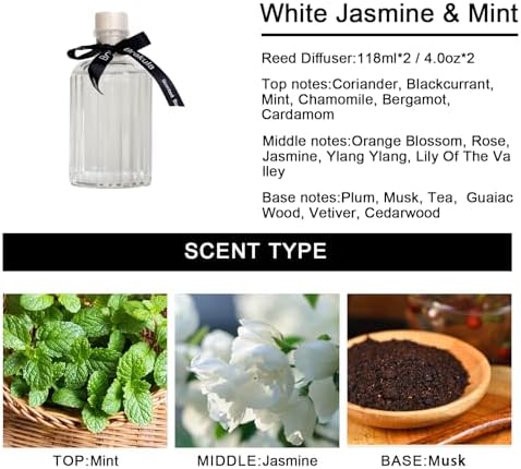 Brakula 2 Pack White Jasmine Mint Reed Diffuser Set