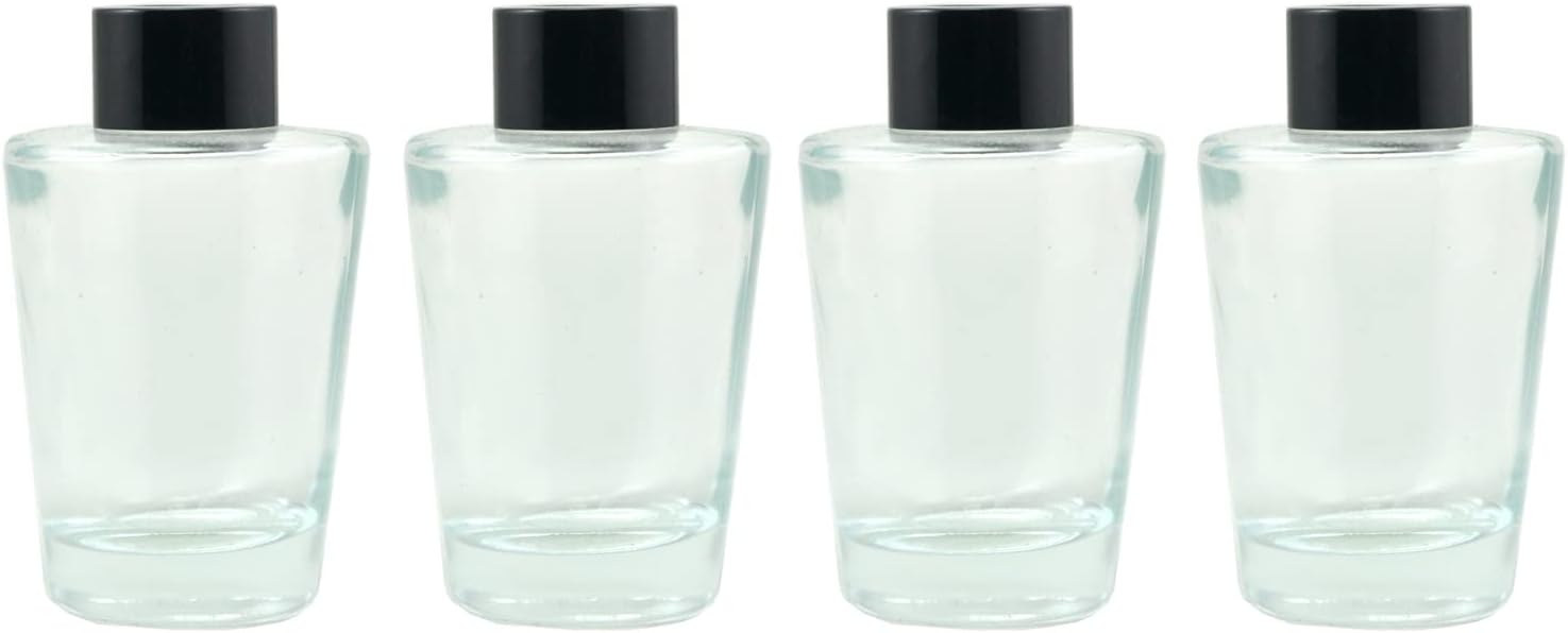 Set of 4 Inverted Cone Reed Diffuser Glass Bottles with Black Caps