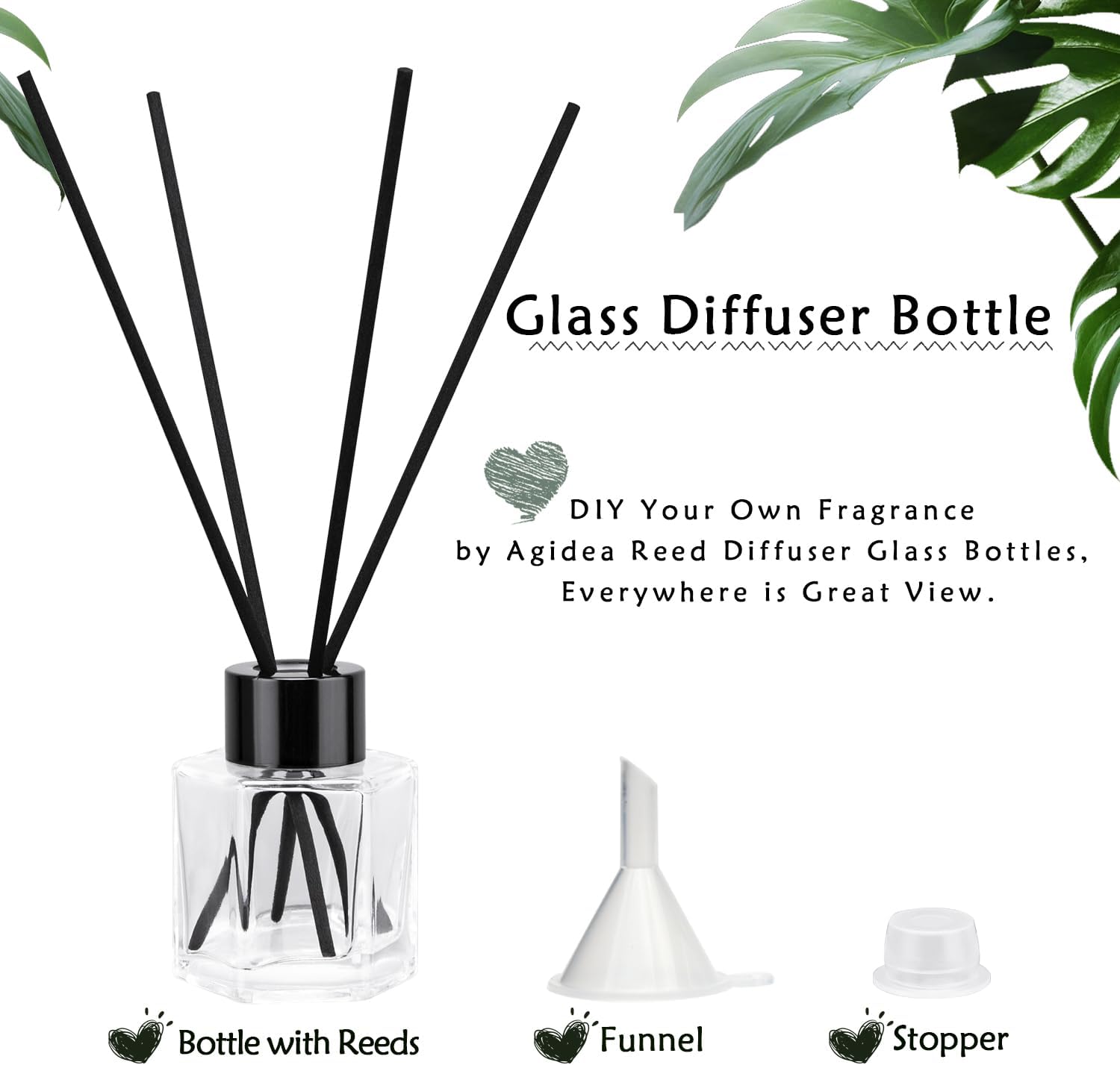 4PCS Clear Glass Diffuser Bottles with Black Caps and Sticks Set