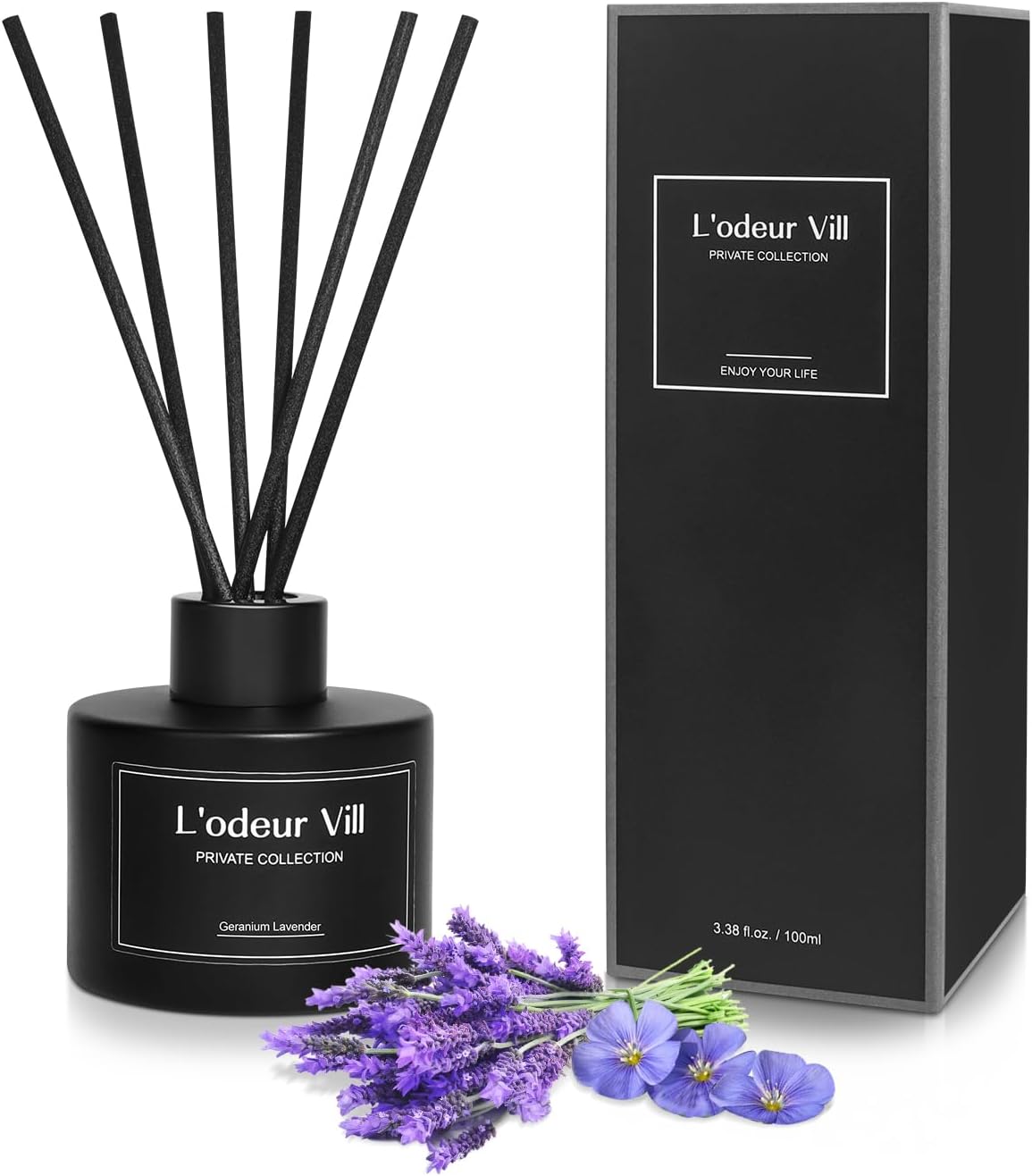 Lodeur Vill Reed Diffuser Set with 6 Sticks and 100ml Lavender Geranium Essential Oil