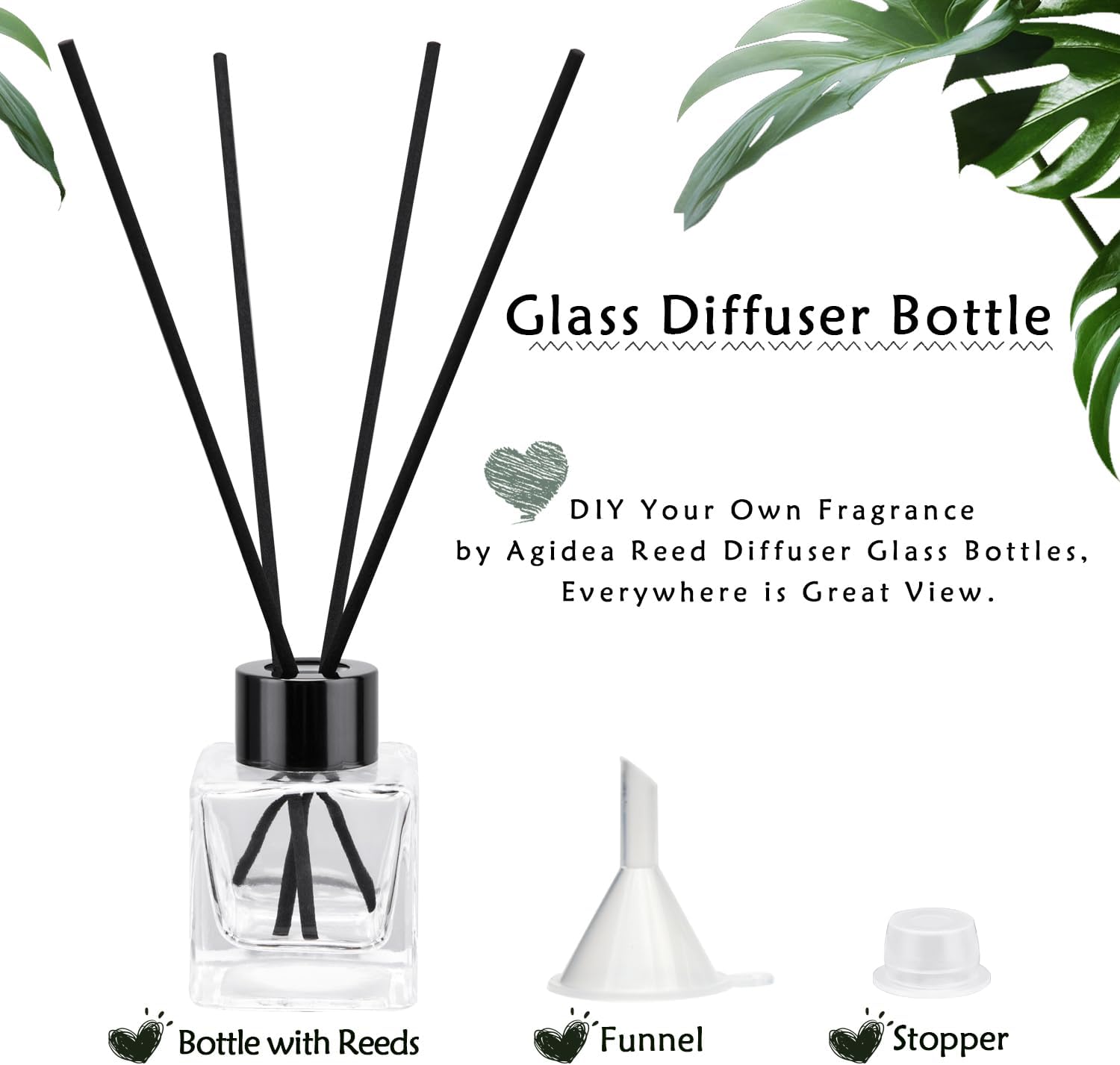 4PCS Refillable Fragrance Glass Diffuser Bottles with Reeds Stopper Funnel and 50ML Capacity