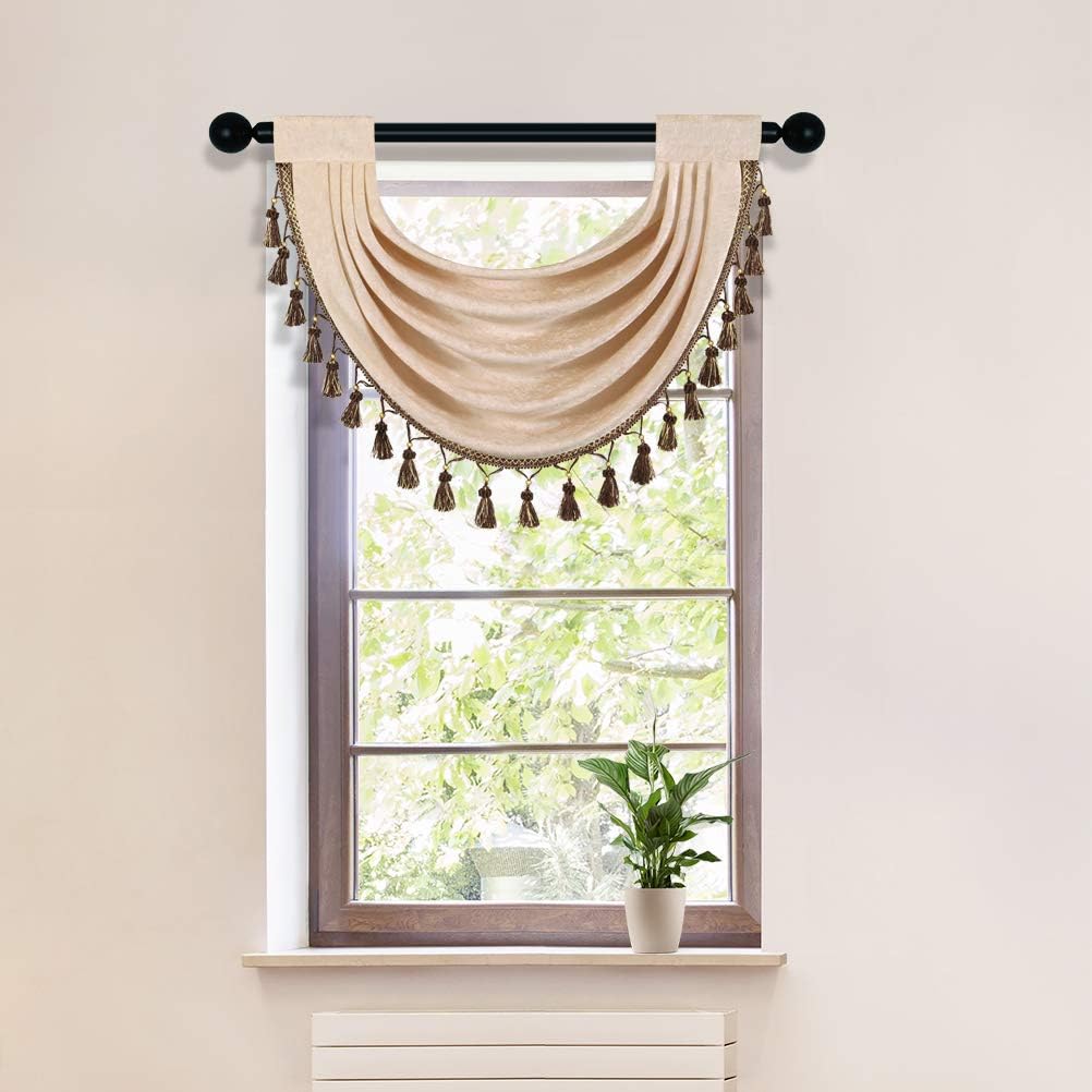 ELKCA Beige Thick Chenille Waterfall Swag Valance for Living Room and Kitchen