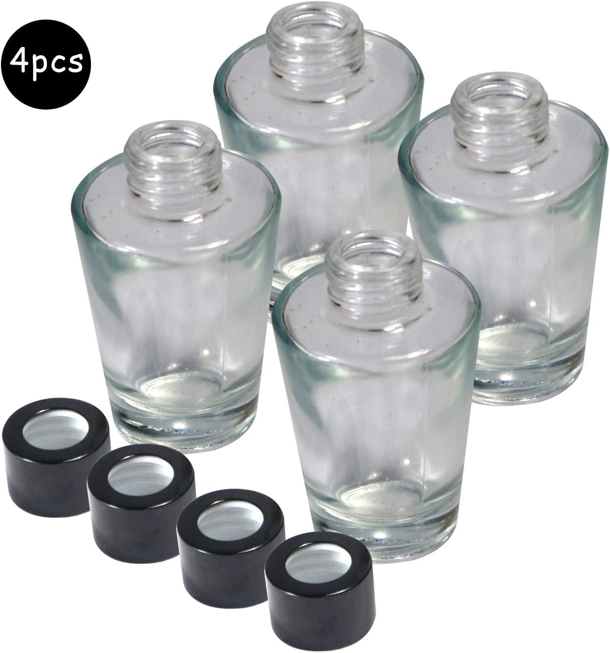 Set of 4 Inverted Cone Reed Diffuser Glass Bottles with Black Caps