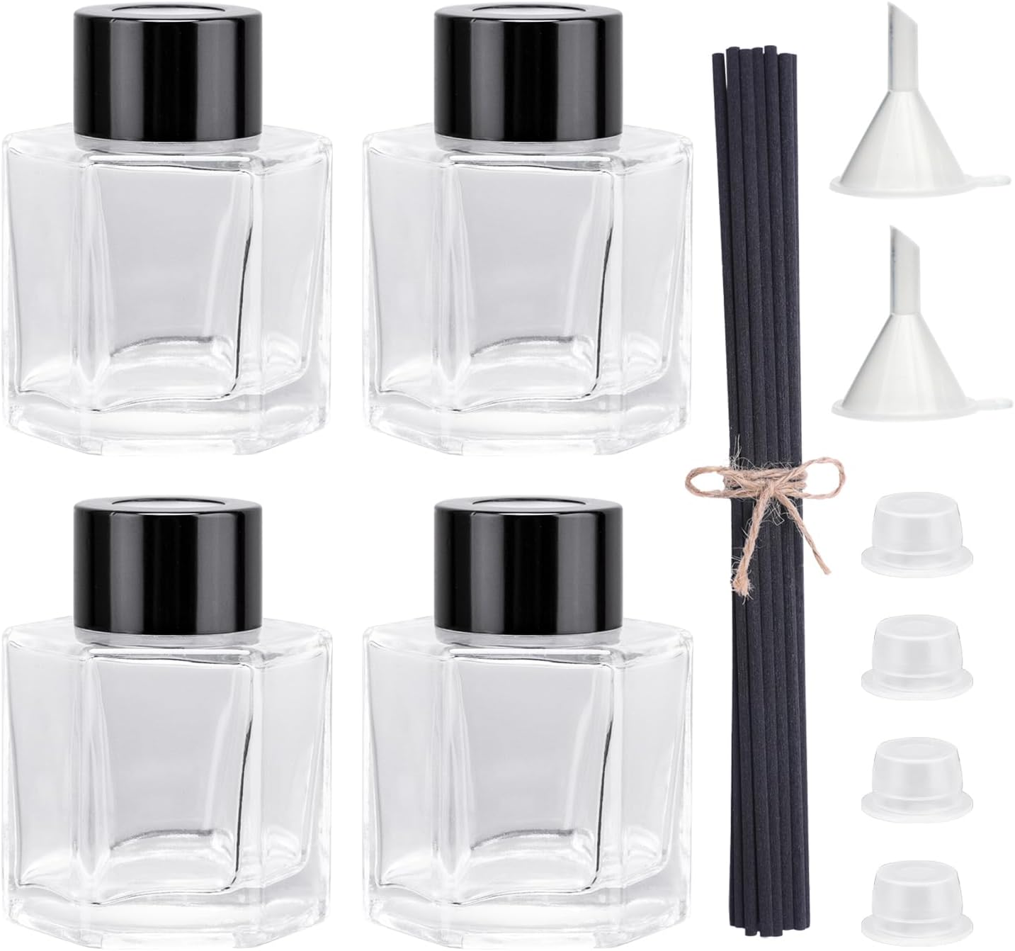 4PCS Clear Glass Diffuser Bottles with Black Caps and Sticks Set