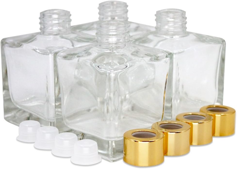Square Glass Diffuser Bottles with Gold Caps Set of 4 1