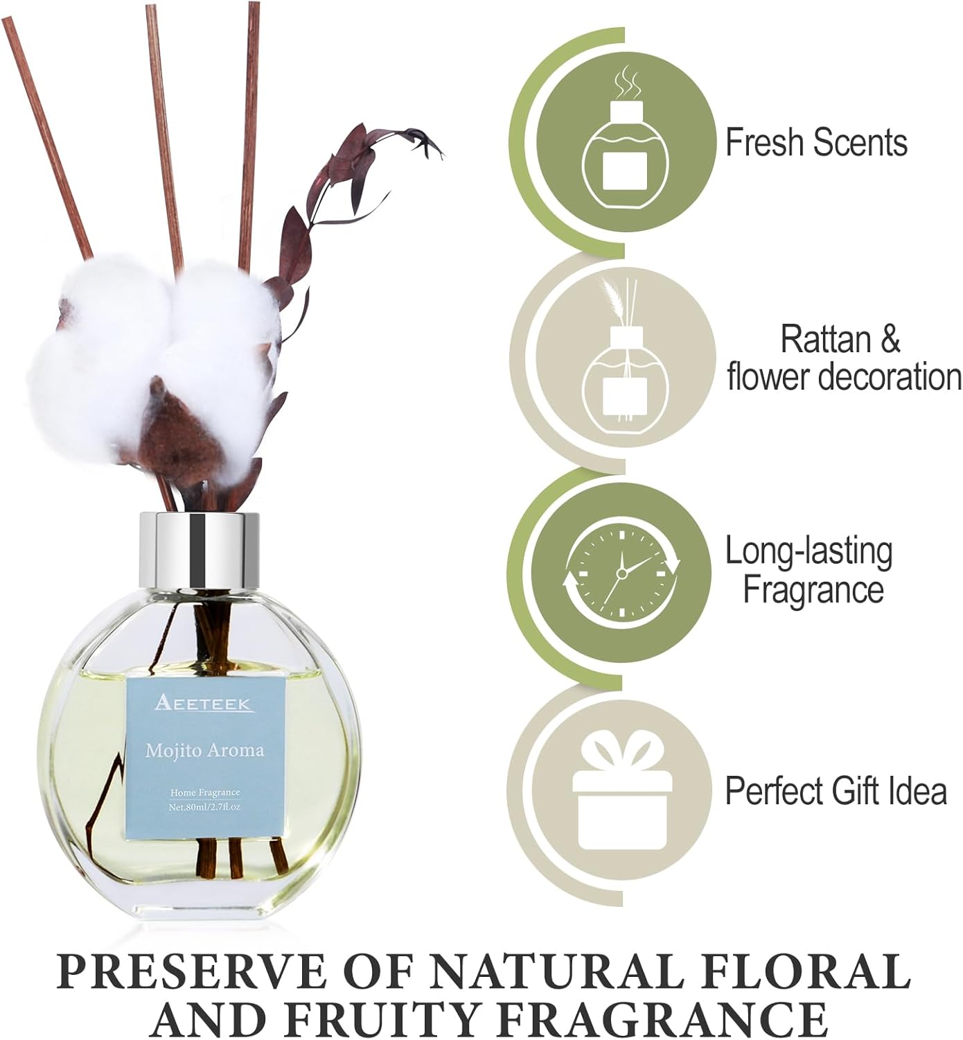 Mojito Aroma Reed Diffuser Set with 4 Sticks and Dry Flowers