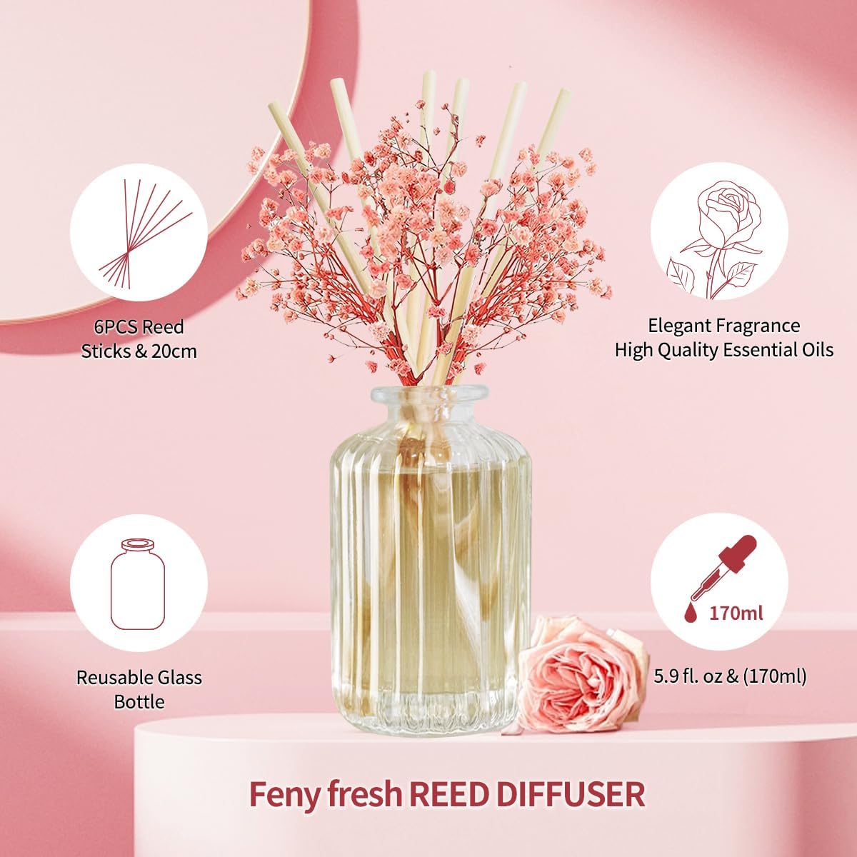 Sandalwood Rose Reed Diffuser Set with Preserved Flowers