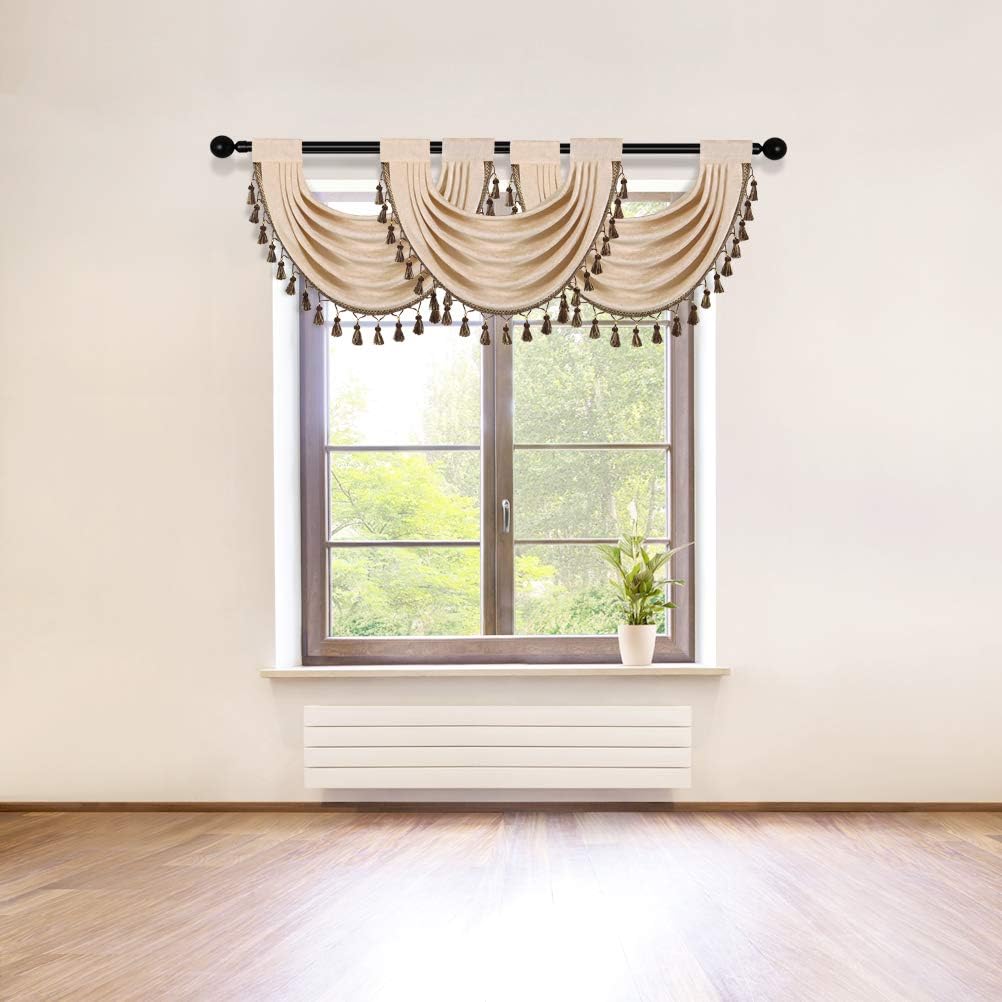ELKCA Beige Thick Chenille Waterfall Swag Valance for Living Room and Kitchen