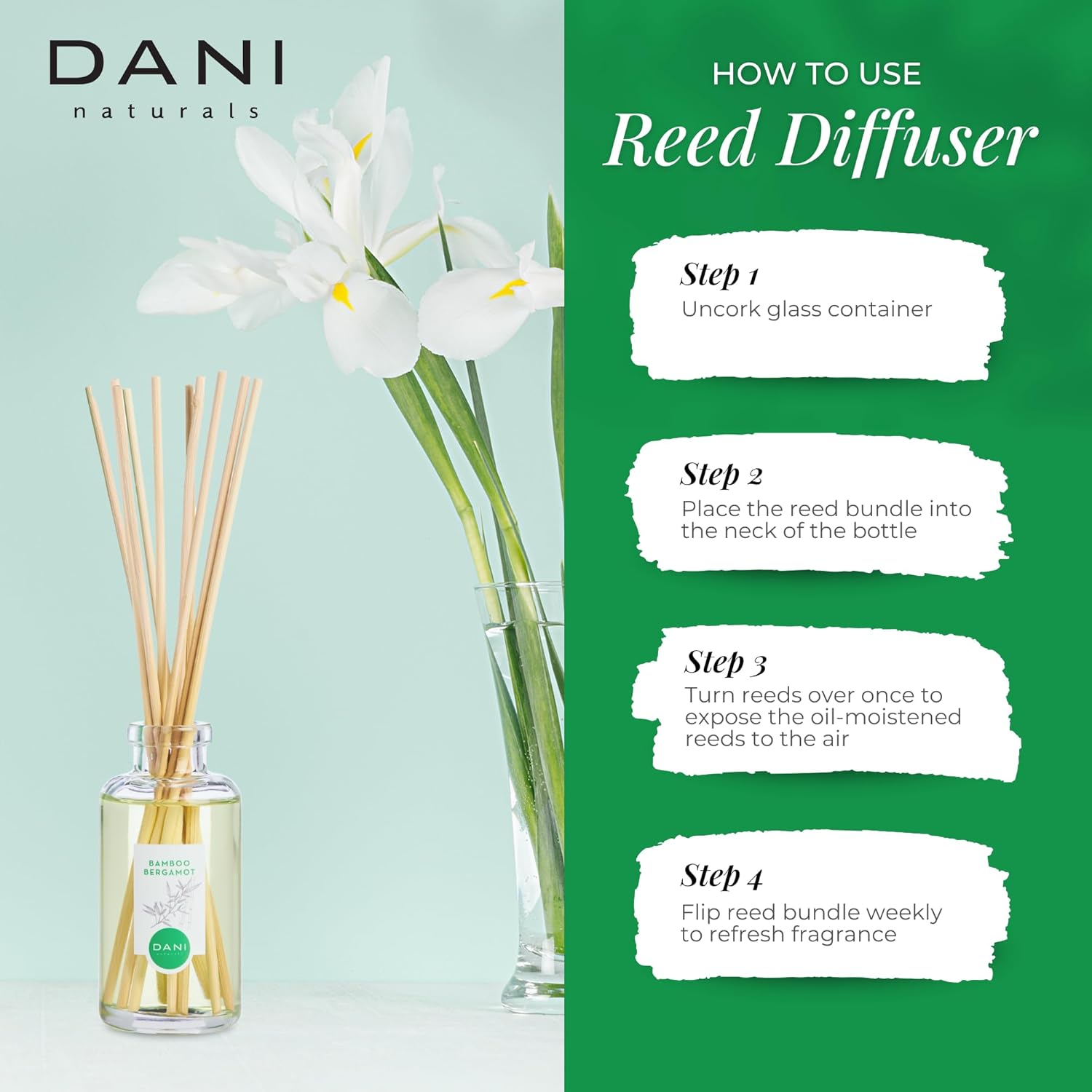 DANI Naturals Reed Diffuser Set Bamboo Bergamot 10 Sticks