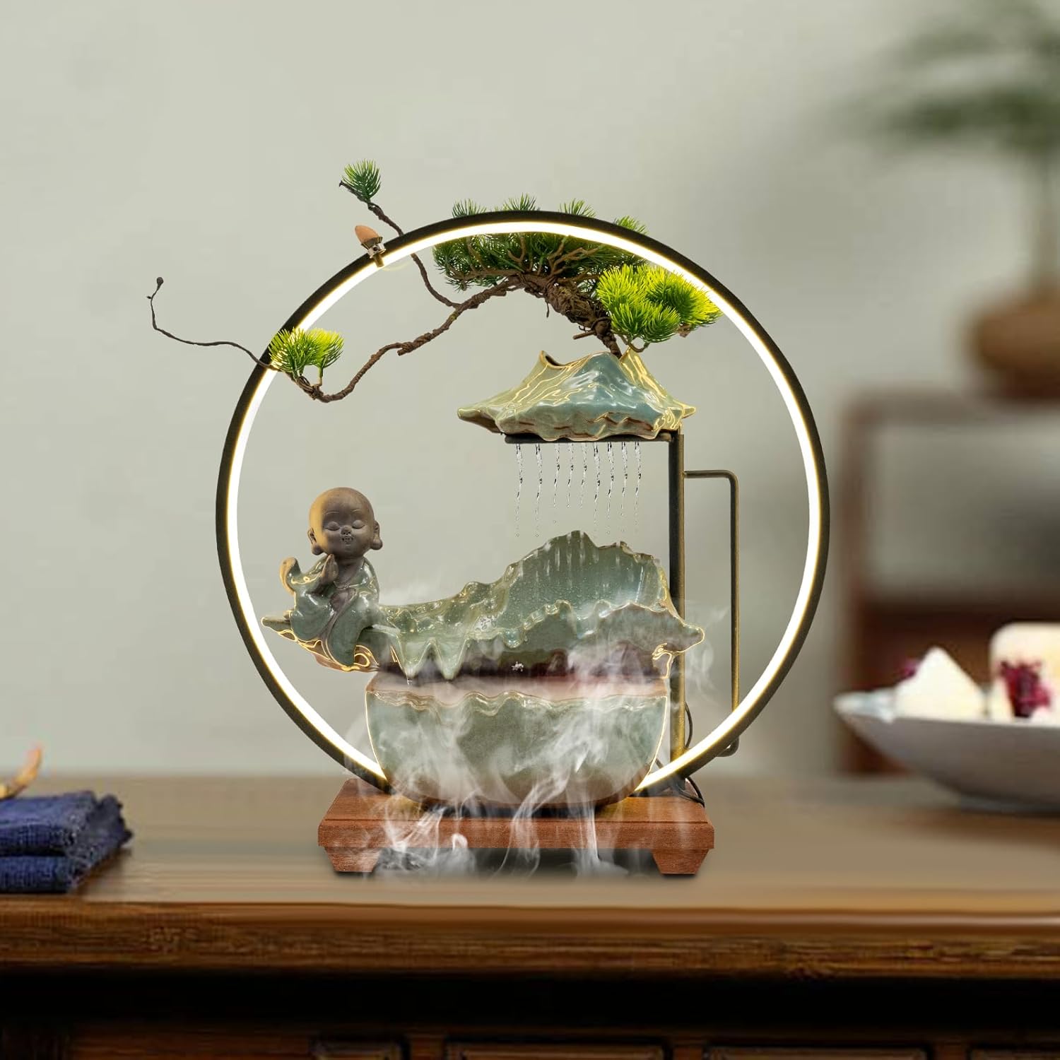 Big Fountain for Table Top - Indoor Waterfall with LED Light and Reflux Incense