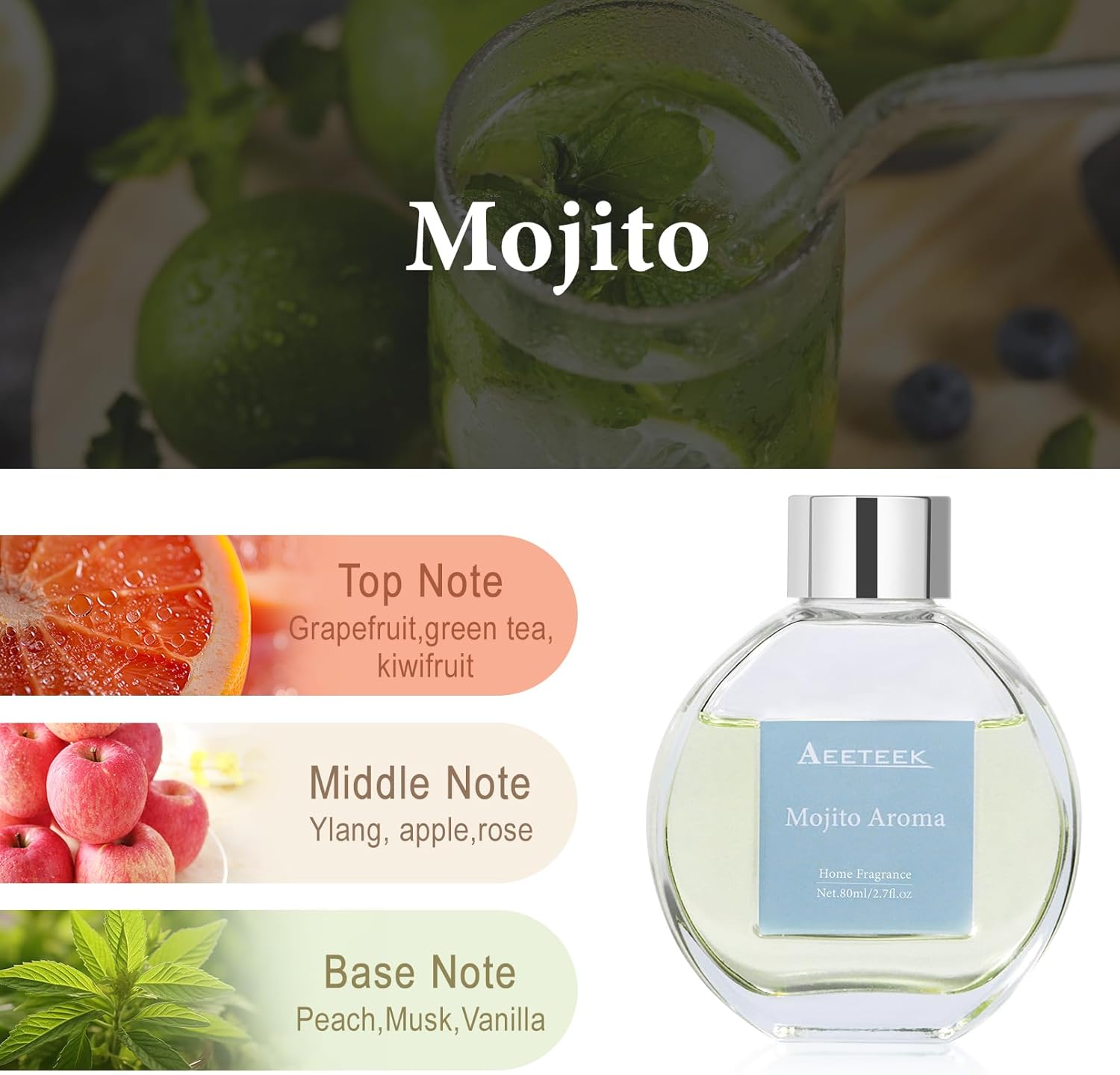 Mojito Aroma Reed Diffuser Set with 4 Sticks and Dry Flowers