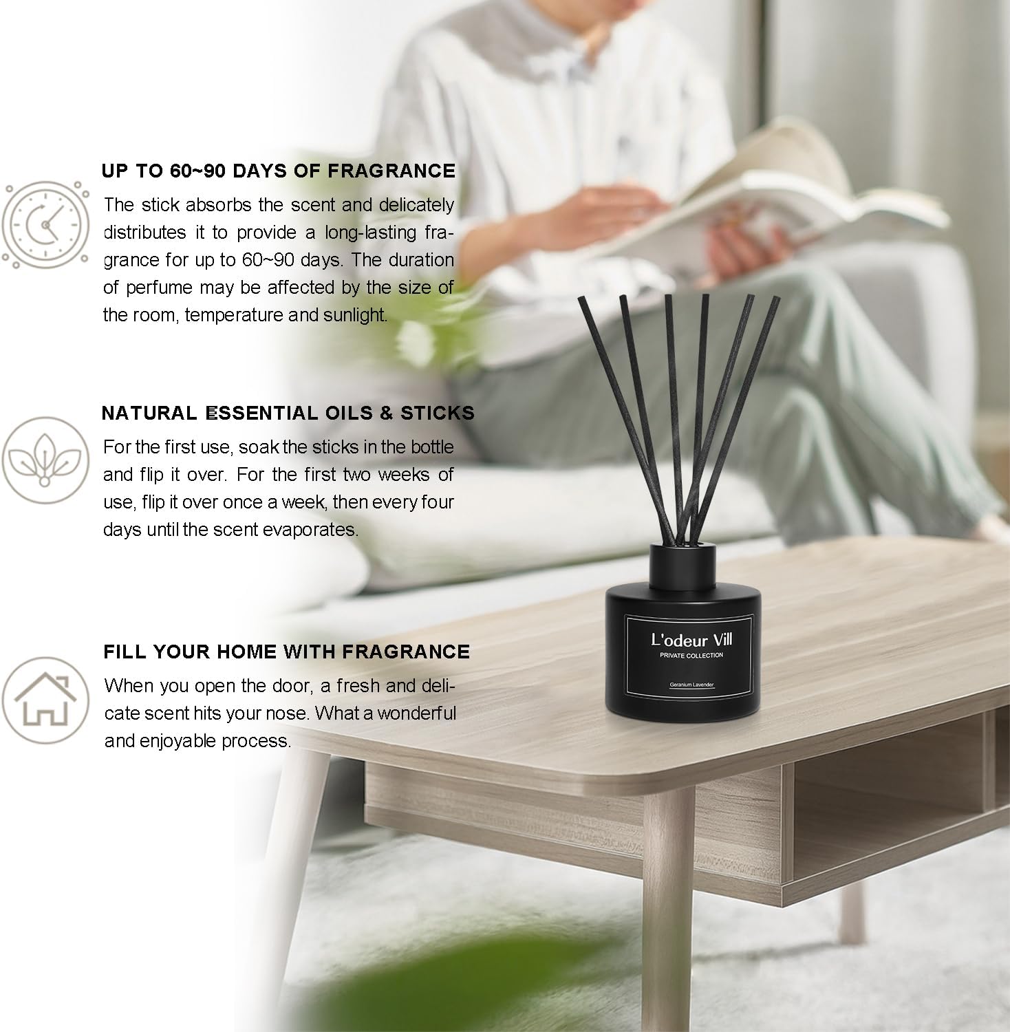 Lodeur Vill Reed Diffuser Set with 6 Sticks and 100ml Lavender Geranium Essential Oil