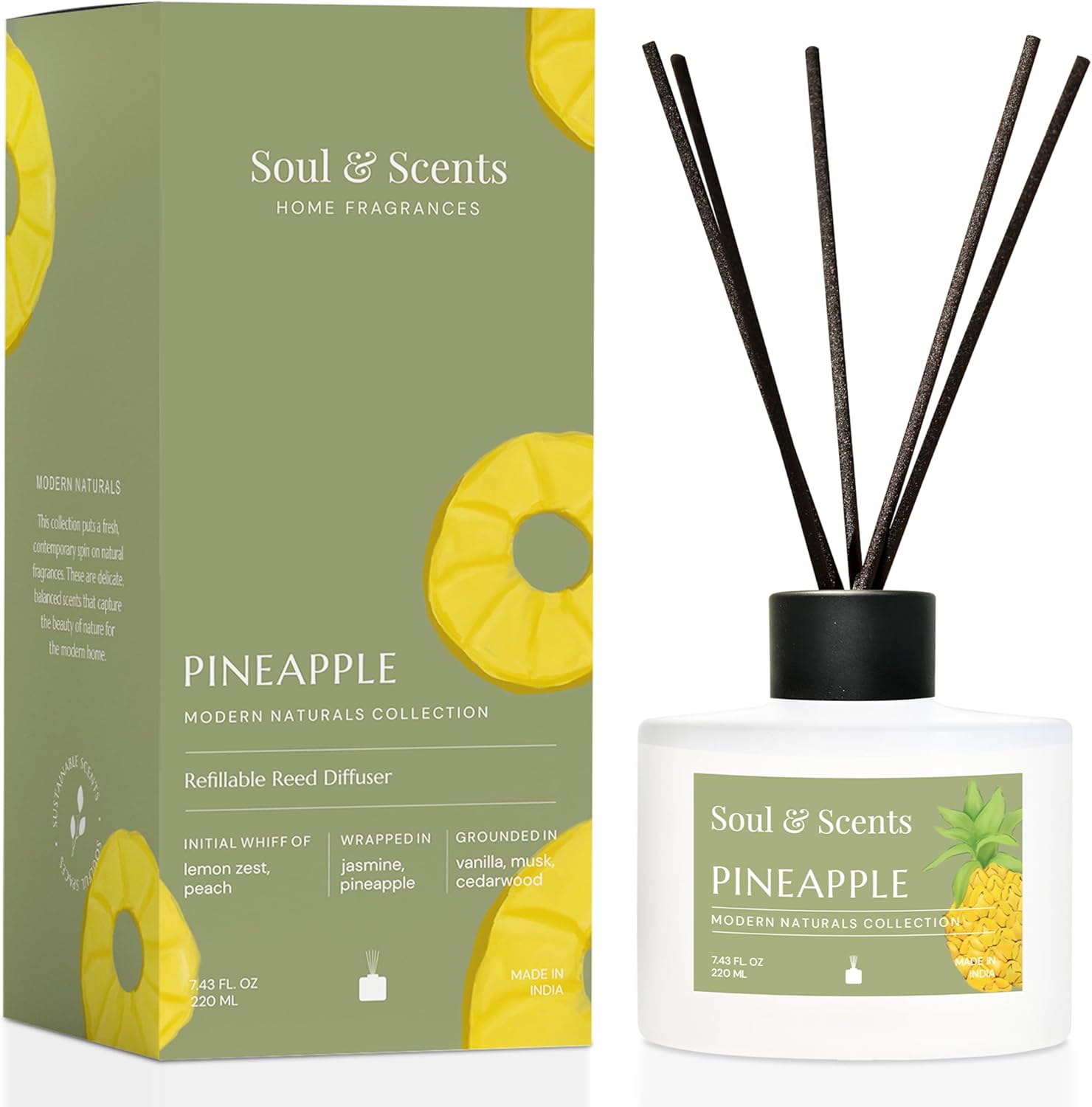 Soul Scents Pineapple Reed Diffuser Set 743 oz Refillable with 6 Fiber Sticks