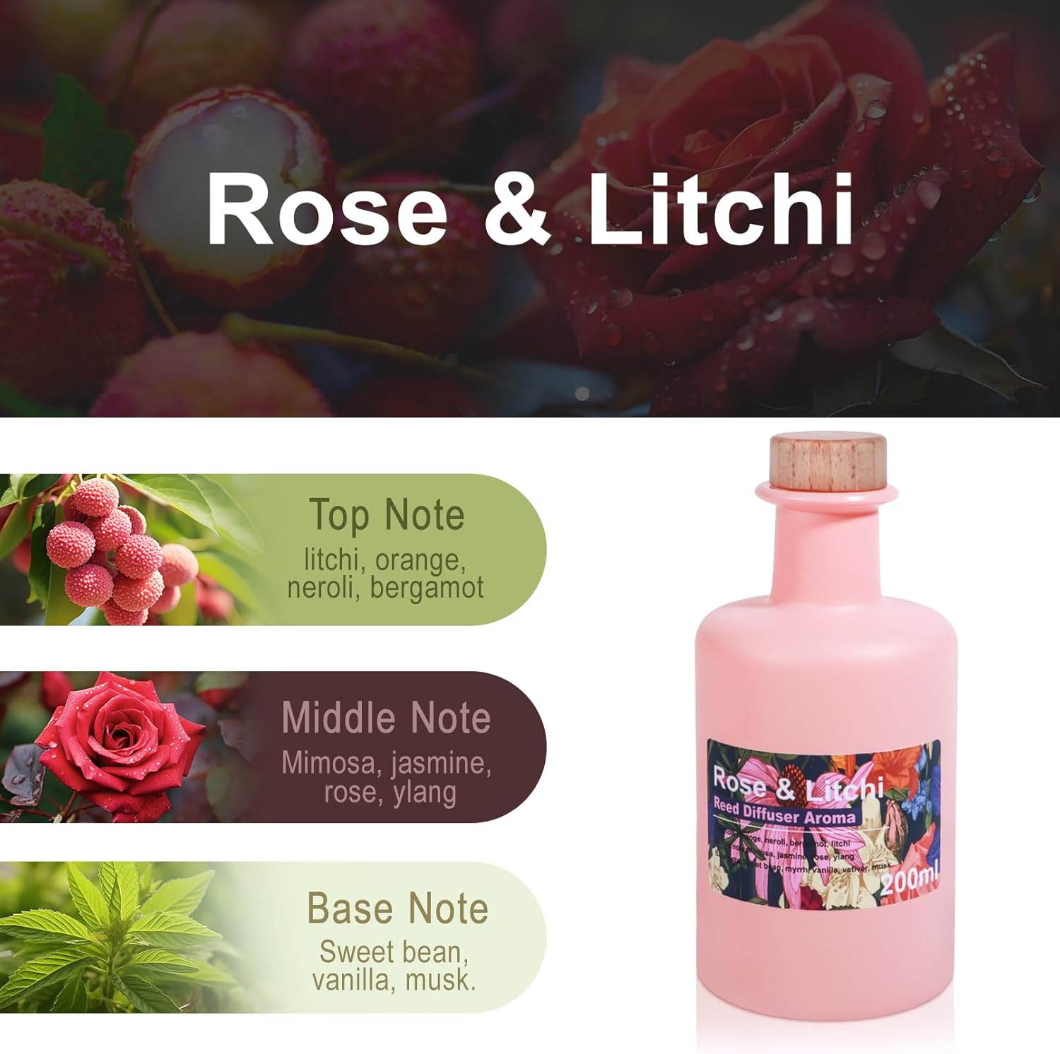 Rose Litchi Reed Diffuser Set - 68fl oz Sweet Floral Aroma
