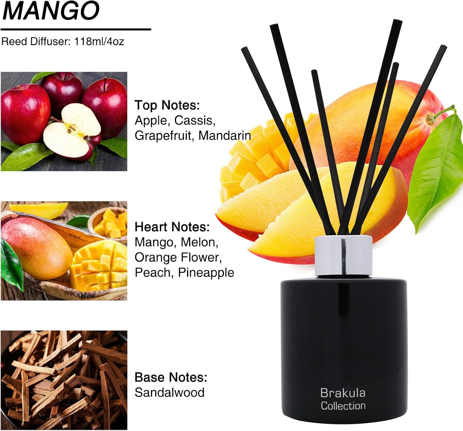 Brakula Reed Diffuser Set - Mango Scented 4 Fl Oz 6 Sticks