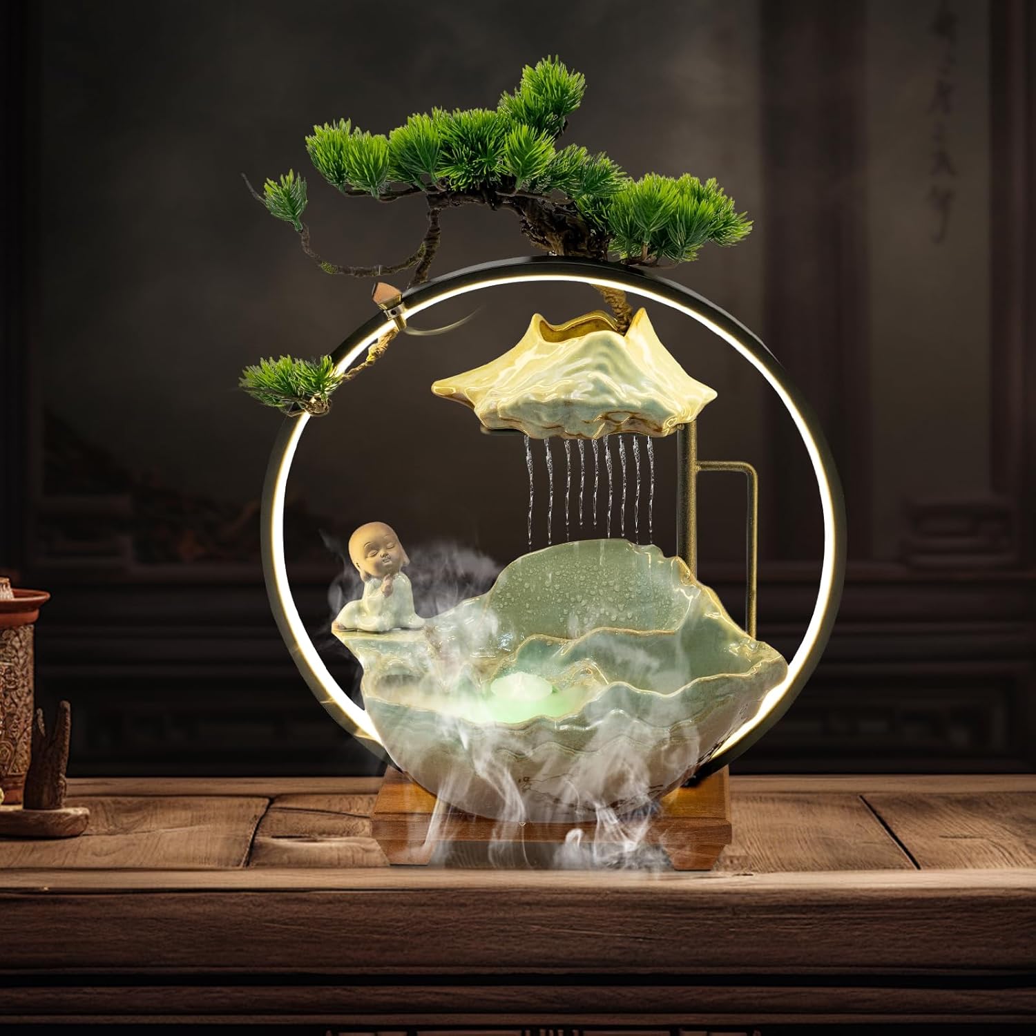 Zen Desktop Water Fountain with LED and Fog for Home Office