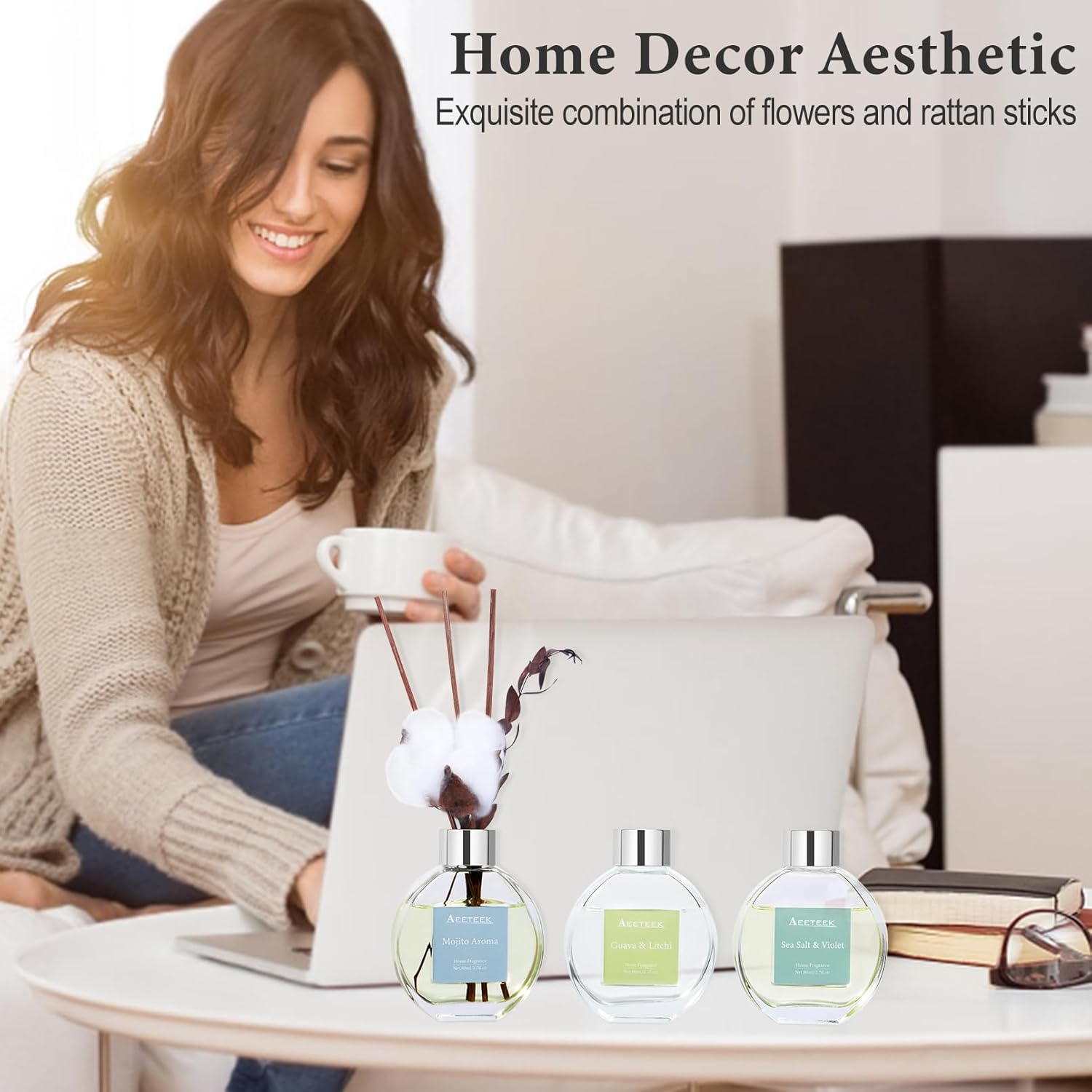 Mojito Aroma Reed Diffuser Set with 4 Sticks and Dry Flowers