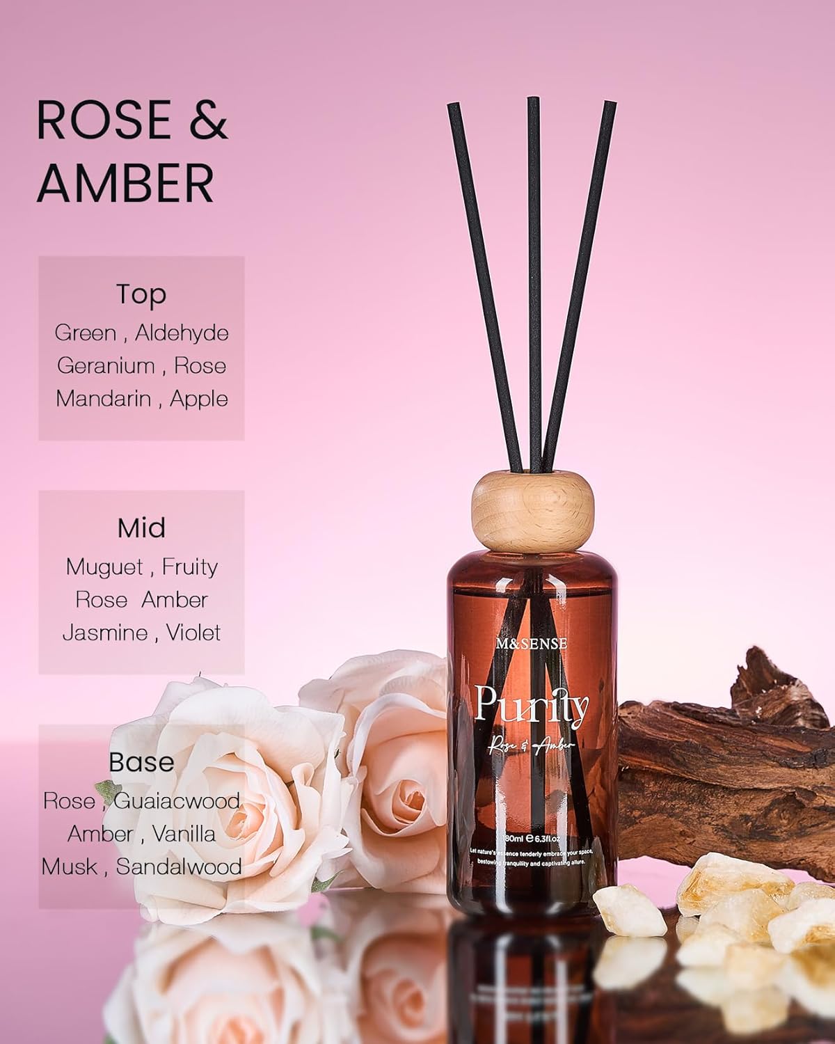 MSENSE Rose Amber Reed Diffuser Set 63 Fl Oz