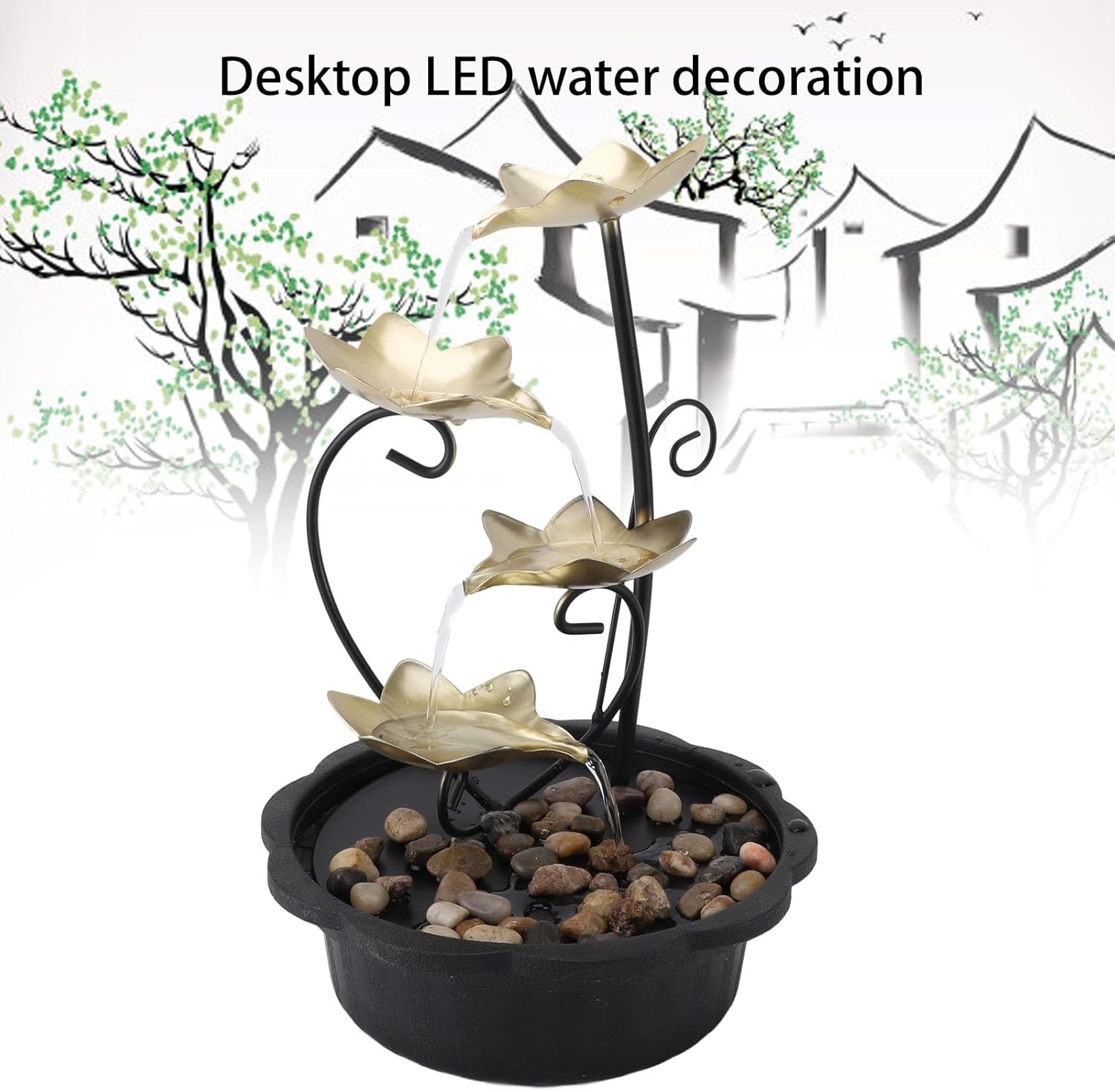 DADEA Indoor Water Fountain with LED Light 4 Tier USB Tabletop Fountain for Home Office Decor