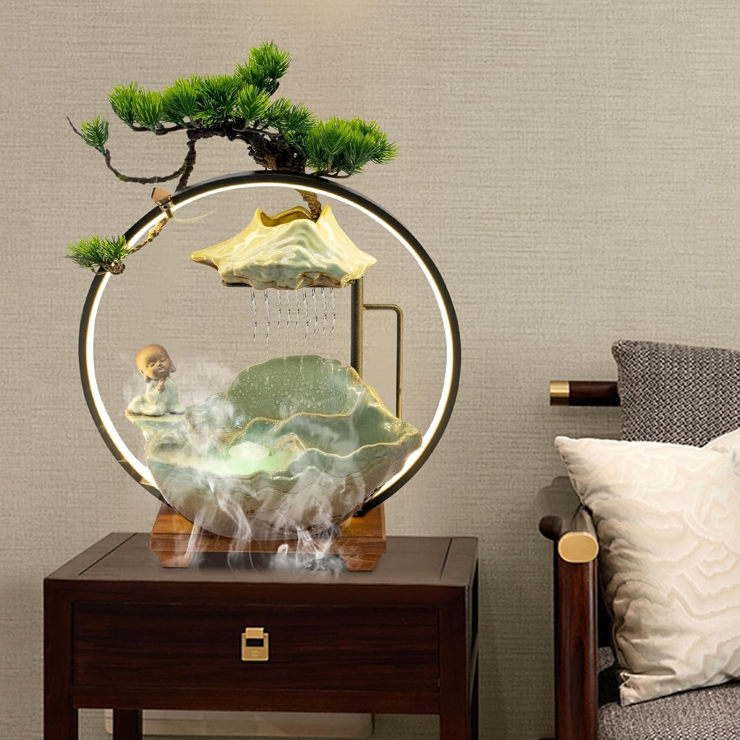 Zen Desktop Water Fountain with LED and Fog for Home Office