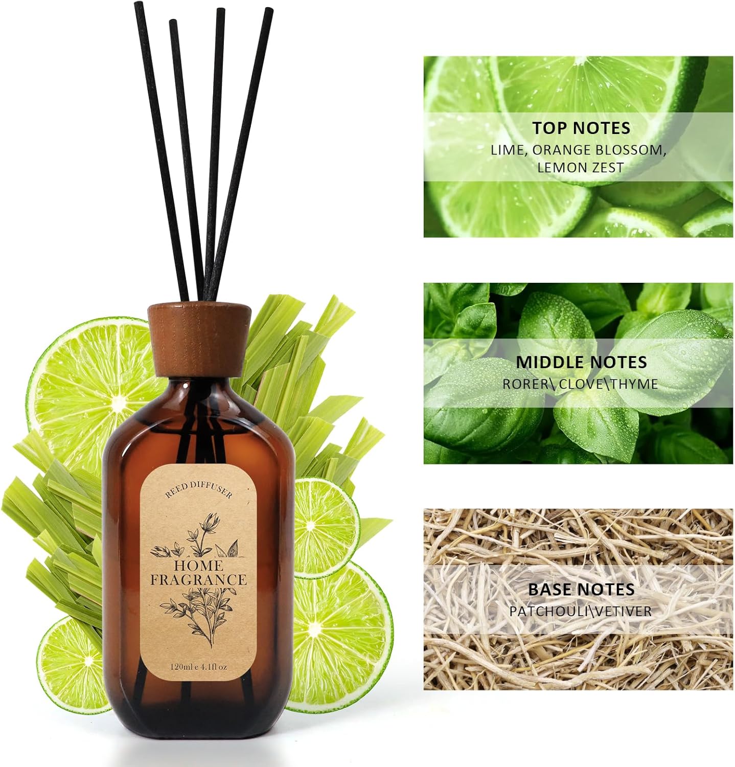 LA BELLEFE Reed Diffuser Set Lemongrass Lime 6 Sticks