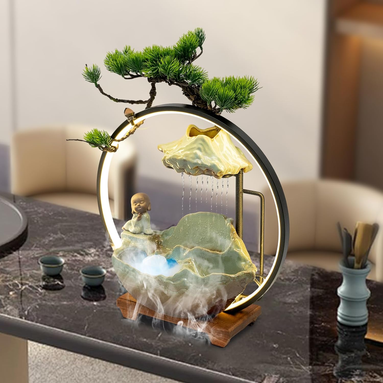 Zen Desktop Water Fountain with LED and Fog for Home Office
