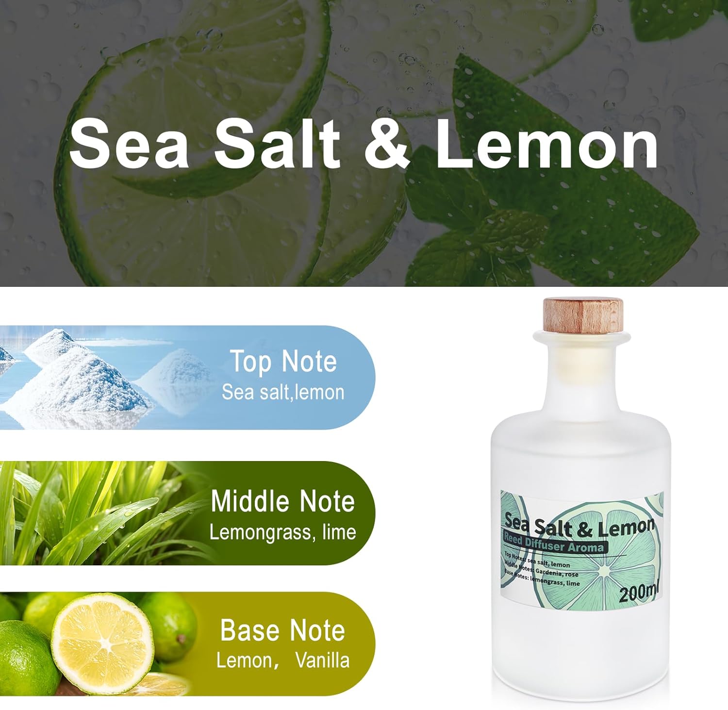Sea Salt Lemon Reed Diffuser Set 200ml Long Lasting Aroma