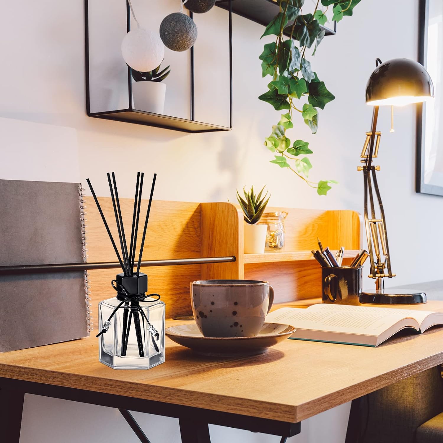 12 Pack Black Rattan Reed Diffuser Set with Caps and Bottles