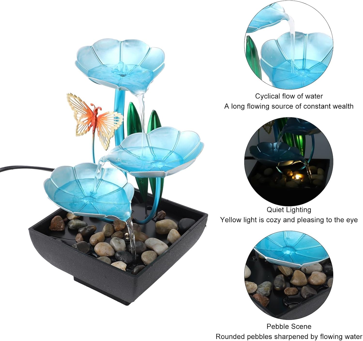 Small Tabletop Waterfall Fountain with LED Light and USB Plug