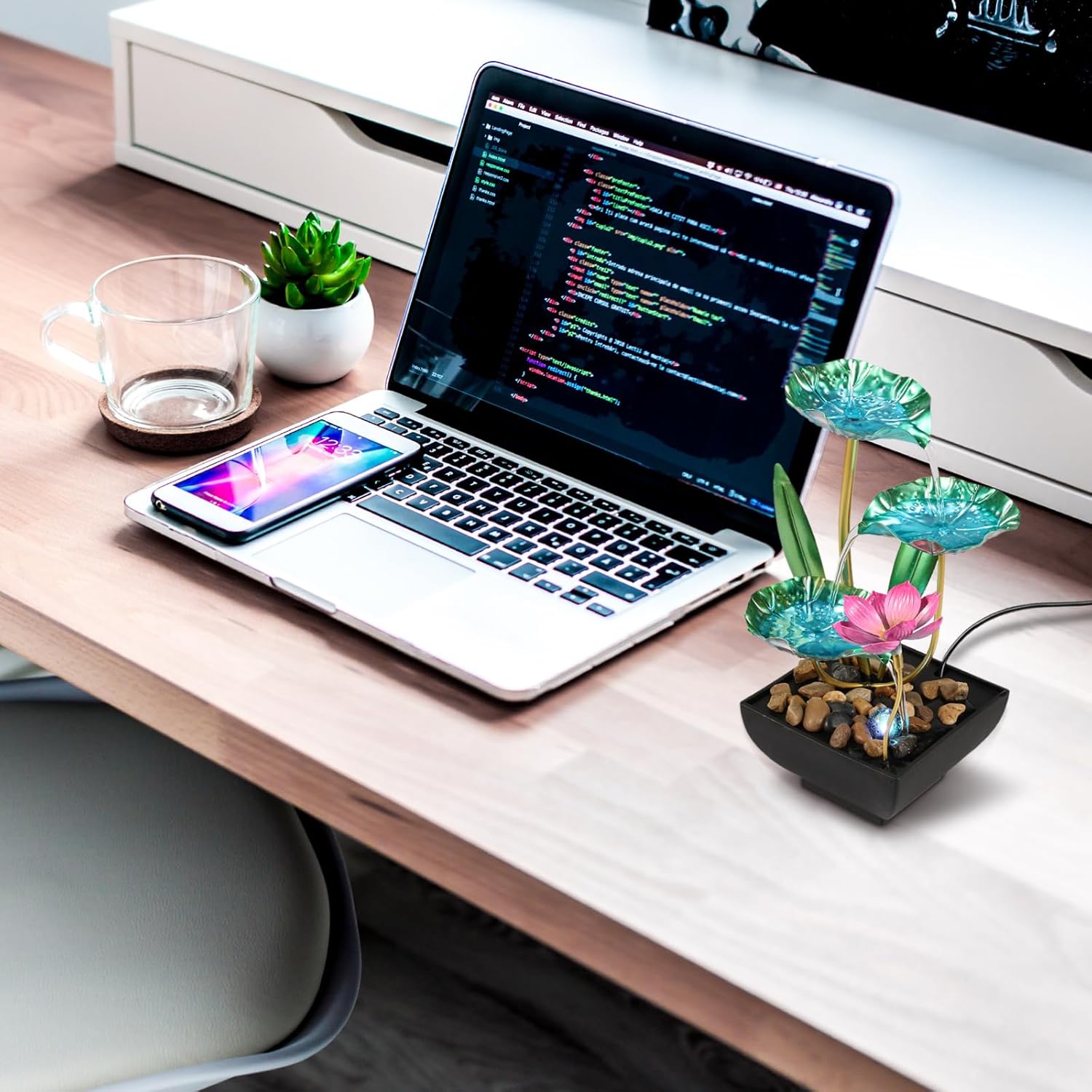 Water Lily Style Tabletop Fountain with USB Charging and Light