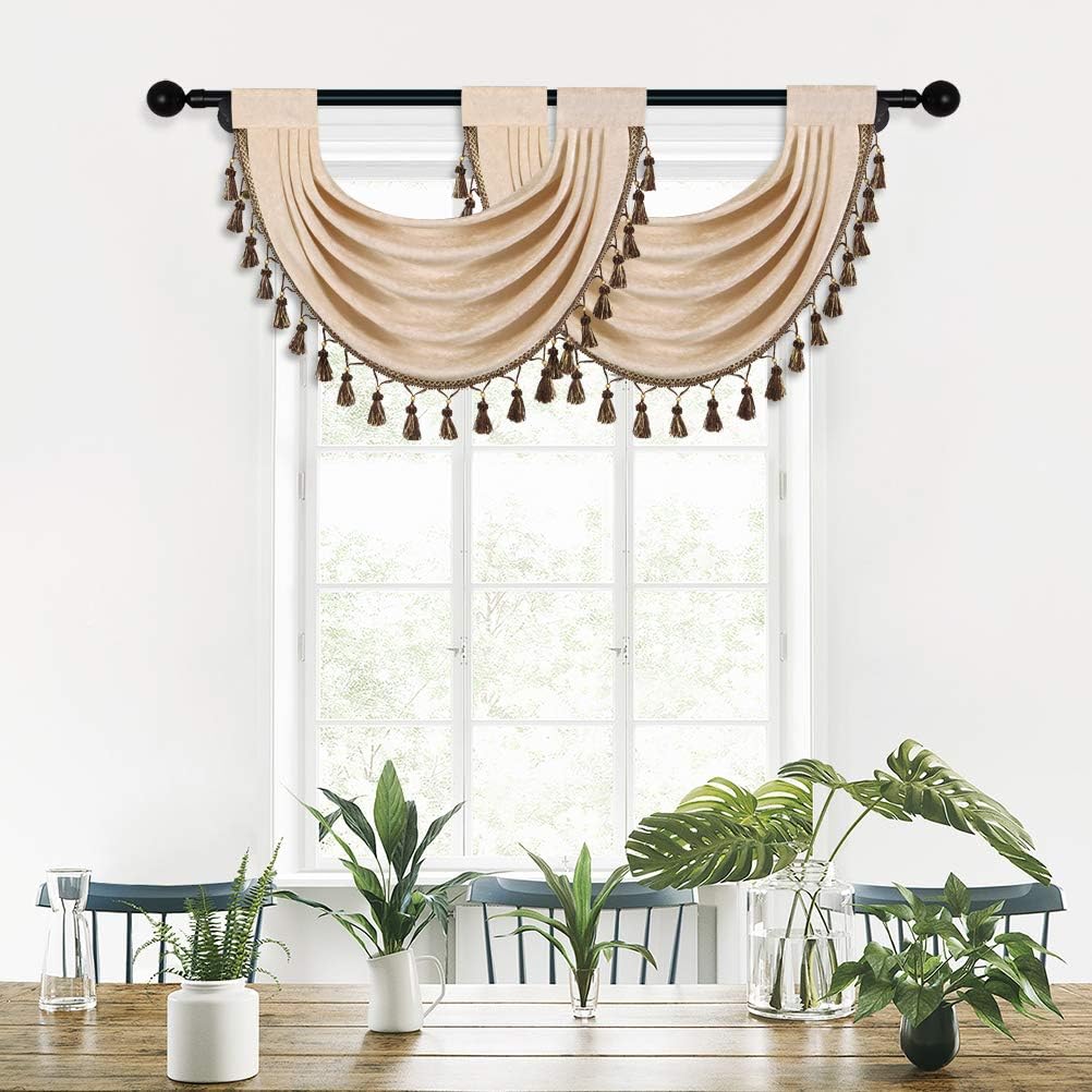 ELKCA Beige Thick Chenille Waterfall Swag Valance for Living Room and Kitchen