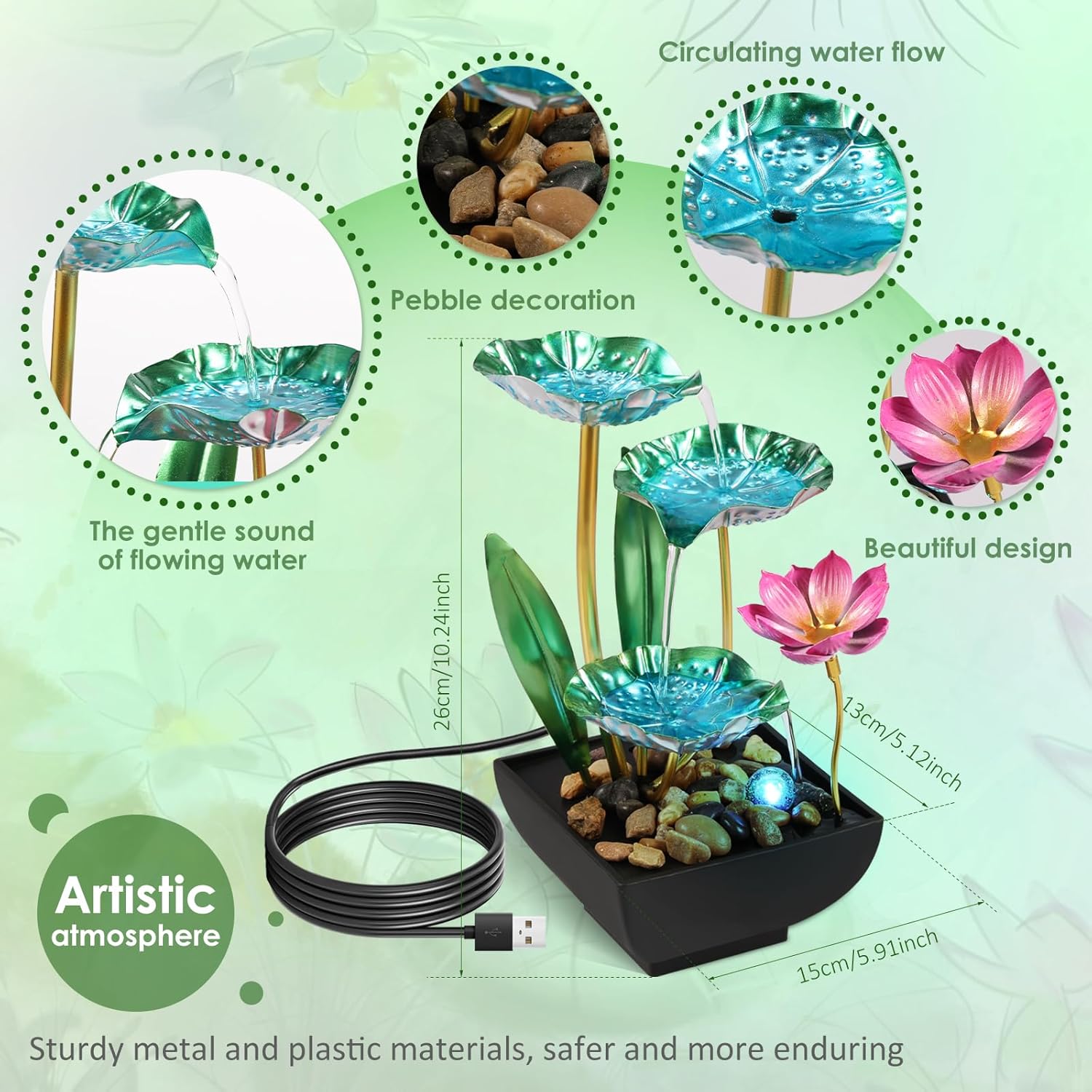 Water Lily Style Tabletop Fountain with USB Charging and Light