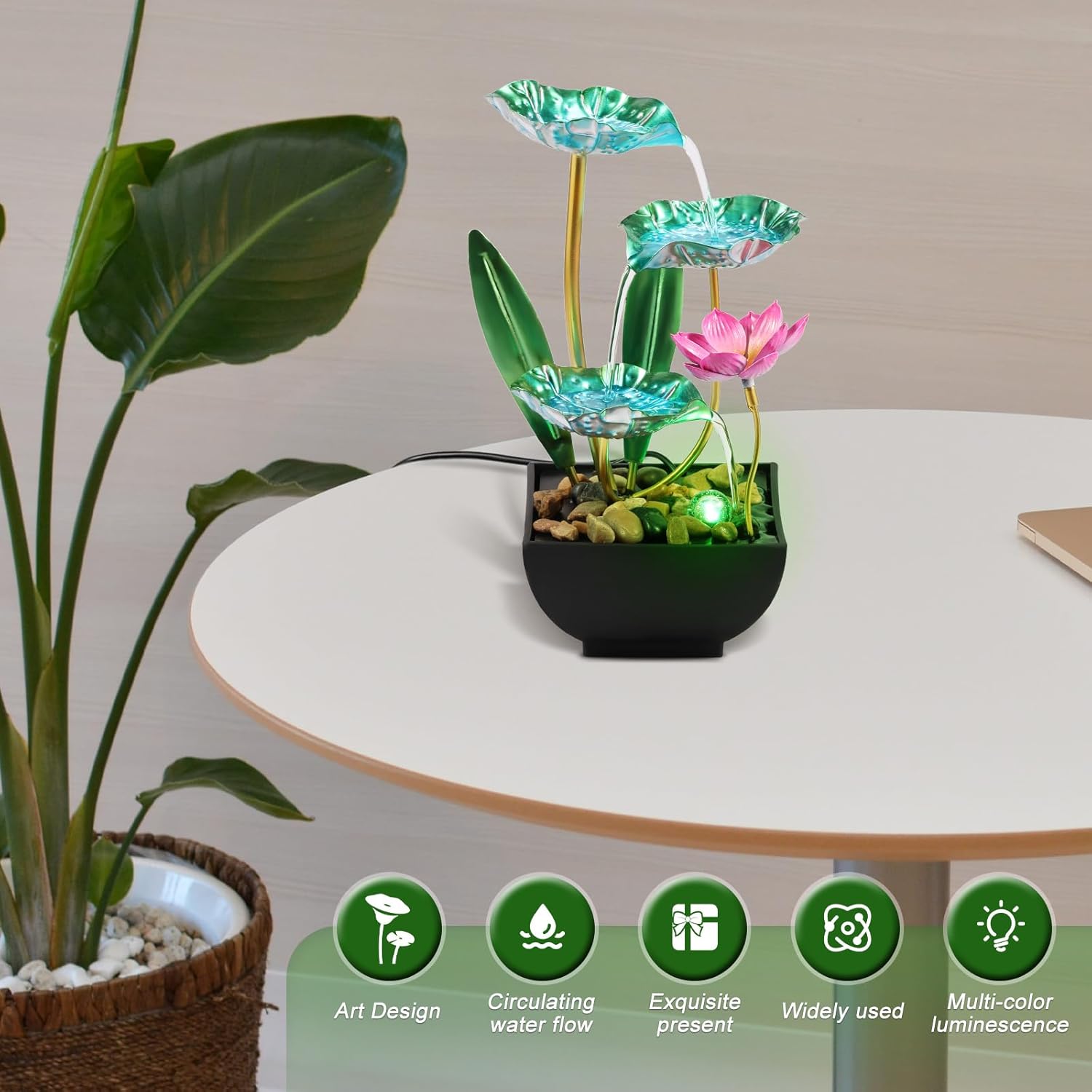 Water Lily Style Tabletop Fountain with USB Charging and Light