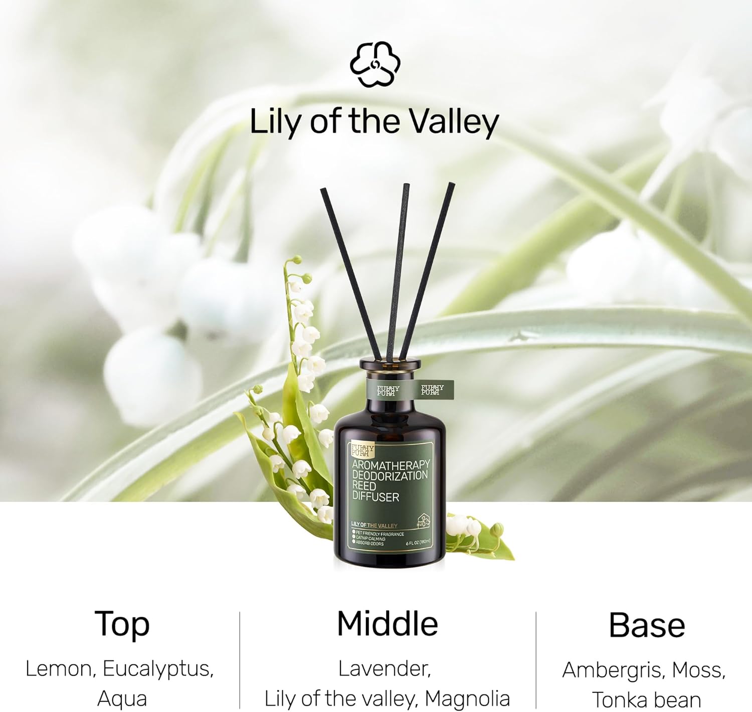 Furrypurr Reed Diffuser Pet Odor Elimination Lily of the Valley 6 Oz