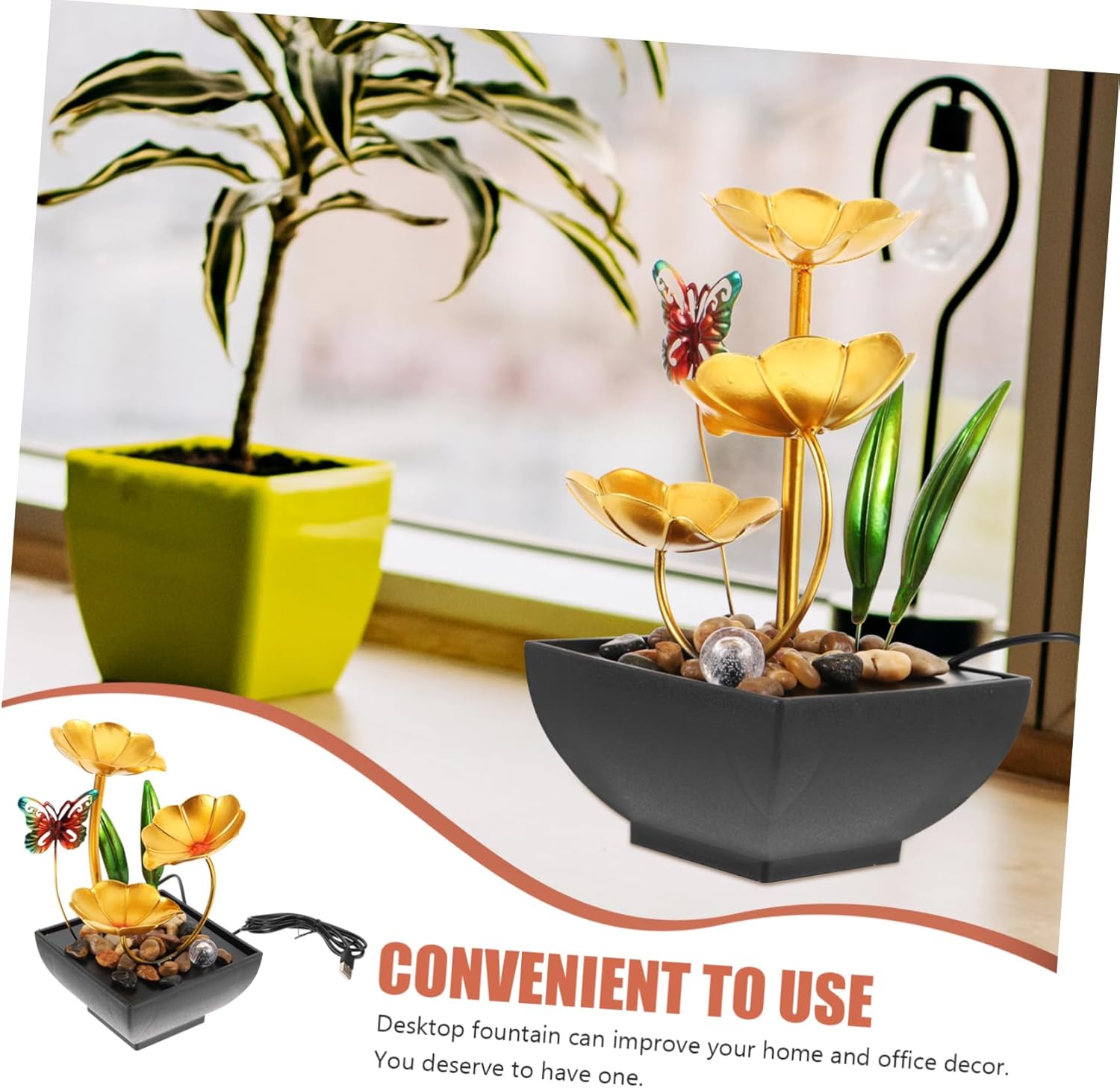 Cabilock Tabletop Water Fountain Lotus Leaf Design USB Powered Indoor Decor Ornament for Home Office
